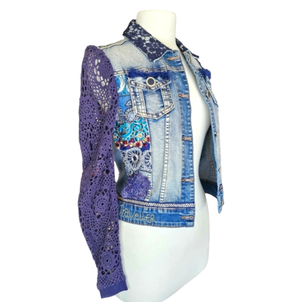 Desigual Womens Patchwork Crochet Festival Denim Jean Jacket Size 2